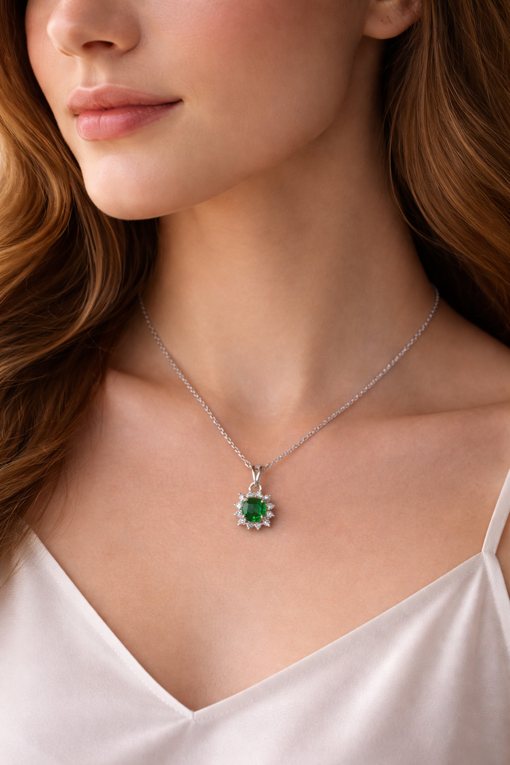 Emerald Halo 925 Sterling Silver Necklace