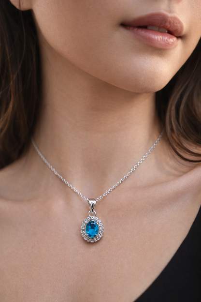 Sapphire Halo 925 Sterling Silver Necklace