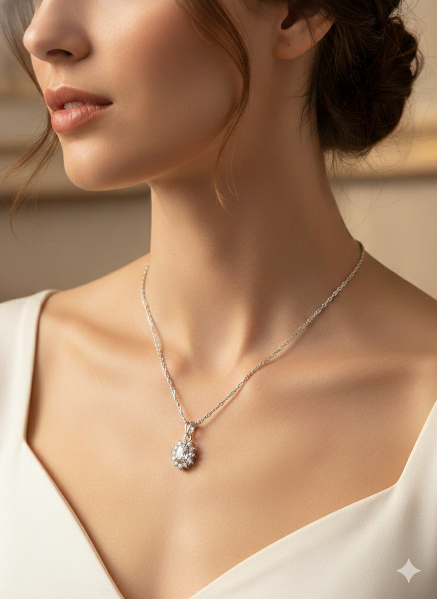 Oval Halo 925 Sterling Silver Necklace